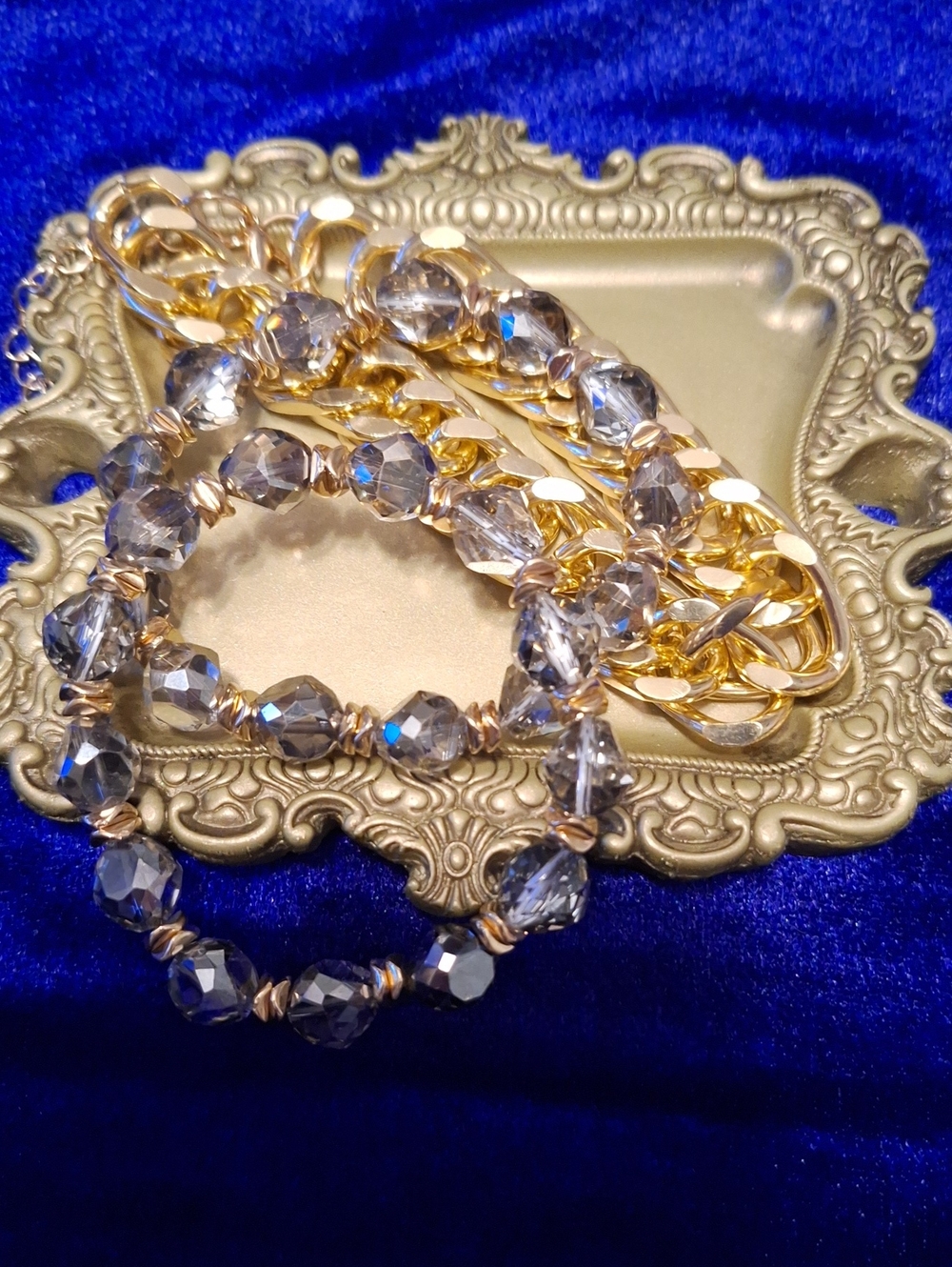 Gold Chain with Gray Faceted Crystal Bracelet Set